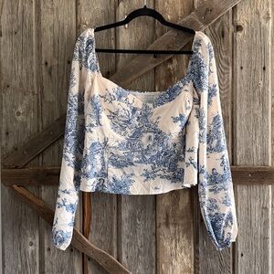 Blue and White Long Sleeve Bustier Blouse